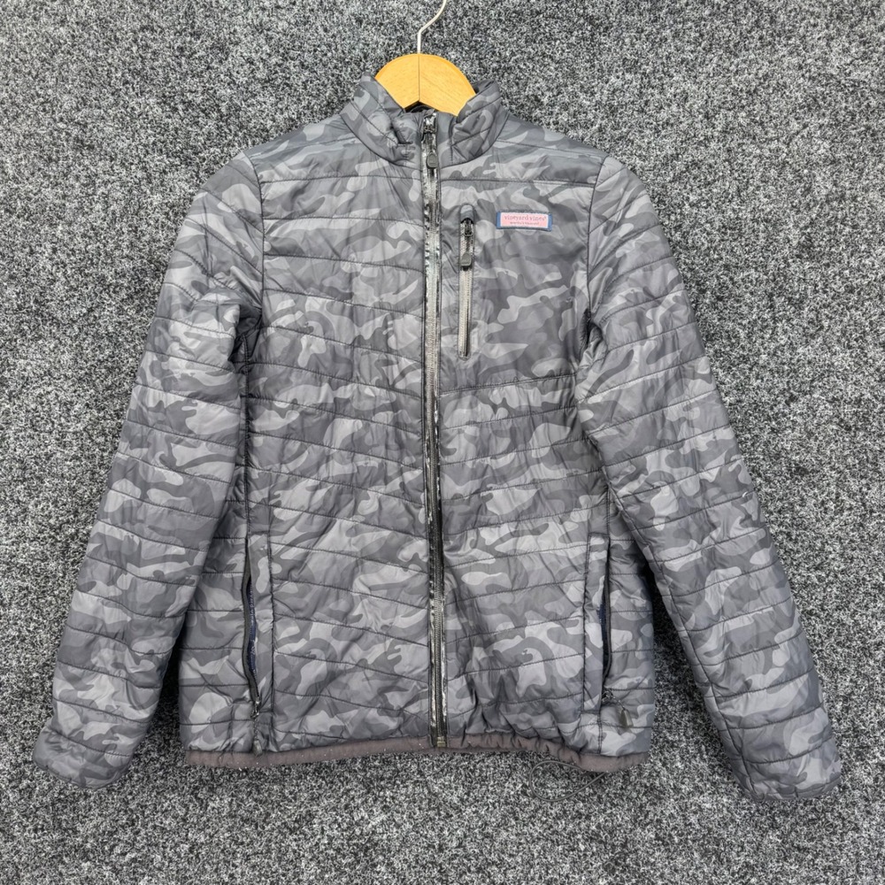 Vineyard Vines Mens Gray Camo Quilted Puffer Jacket Full Zip Ripstop RN134578